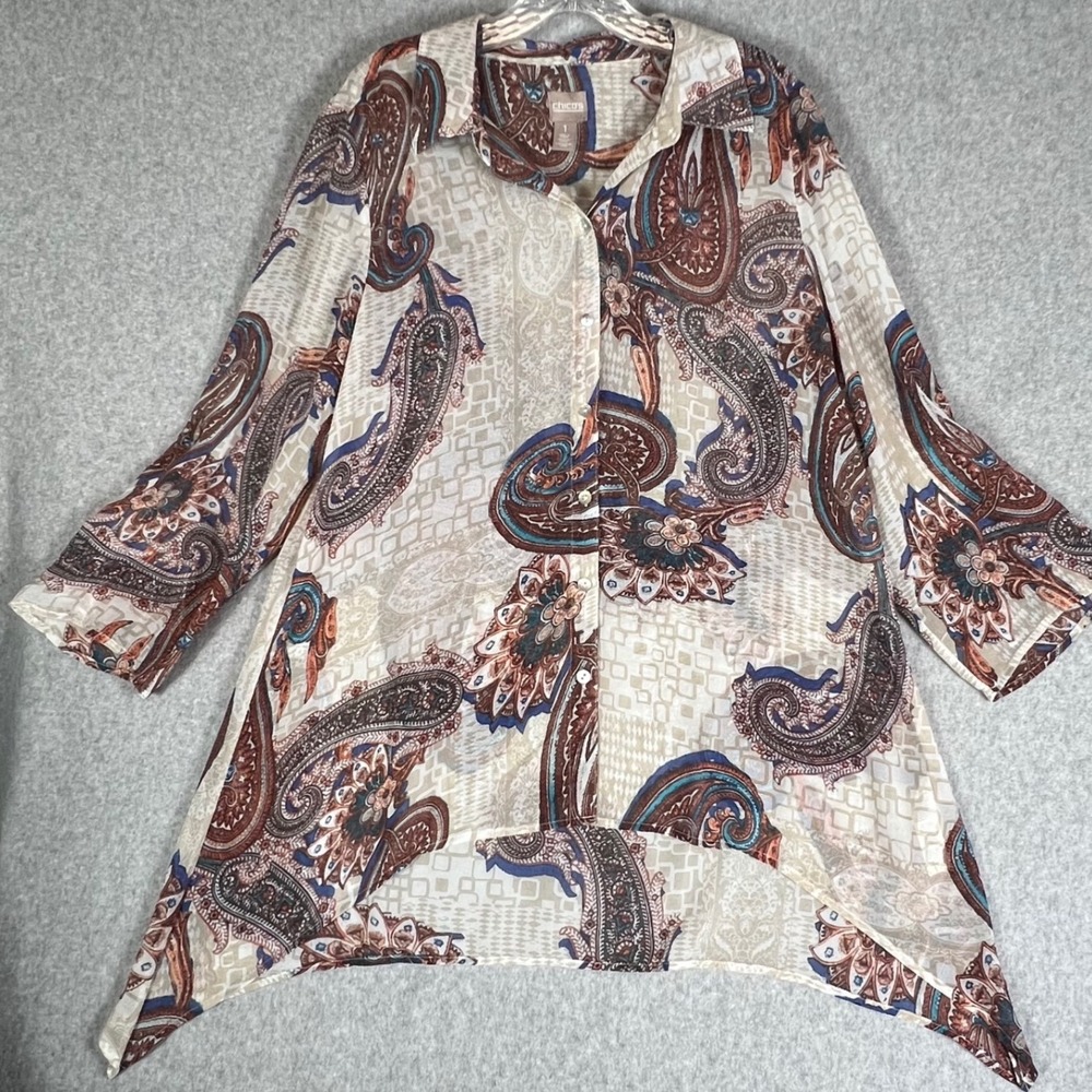 Chicos 1 Paisley Button Up Tunic Blouse Shirt Top Sheer Boho Artsy Boho Layering - Picture 1 of 13